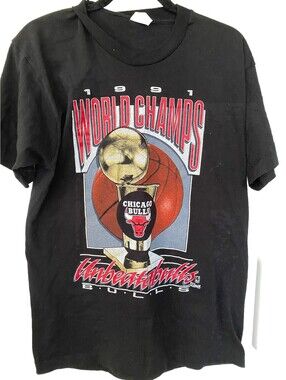 Vintage Chicago Bulls 1991 NBA World Champs Unbeatabulls Salem Black Sz L Jordan